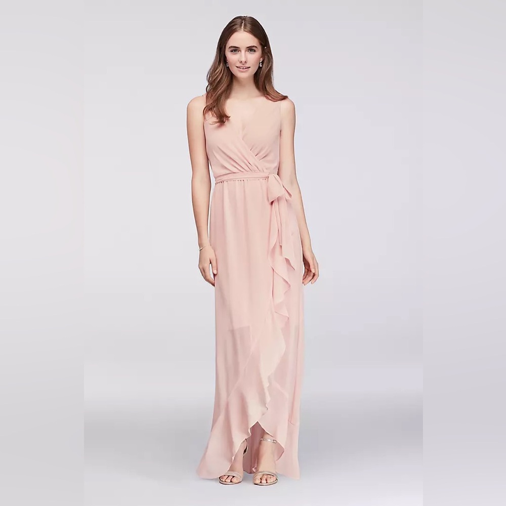 David’s Bridal  dress in a blush pink chiffon, faux wrap lined skirt high low